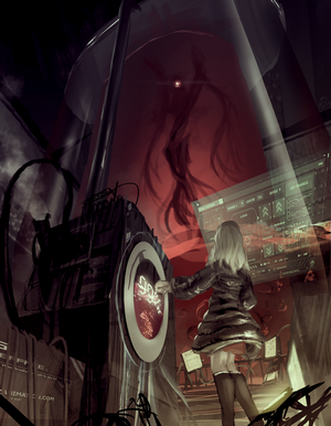 Girl interacting with futuristic interface and containment unit