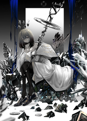 Anime girl with staff sitting on geometric throne
