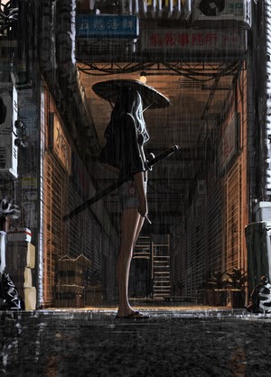 Woman with katana in rainy alleyway