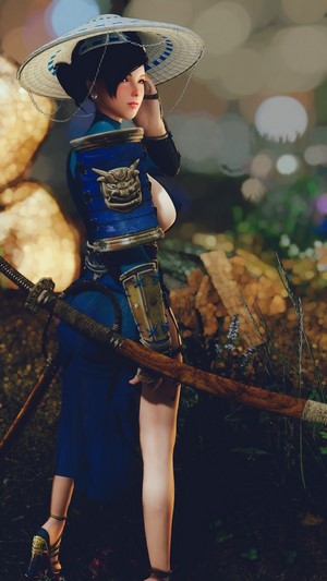 Woman in blue armor with katana in Skyrim