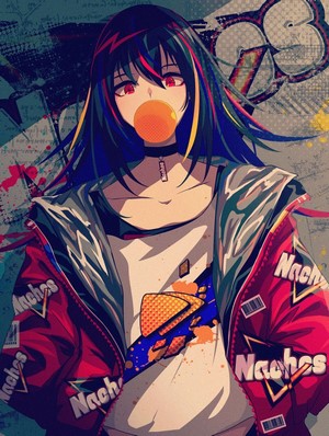 Anime girl with dark hair and red eyes blowing bubble gum