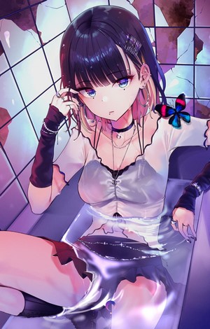 Anime girl with purple hair in a bathtub