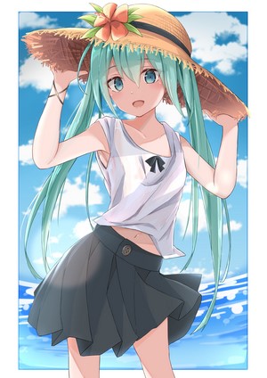 Hatsune Miku from Vocaloid wearing a straw hat and skirt