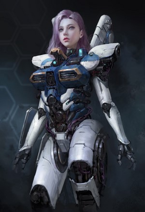 Mecha girl with purple hair and robotic armor
