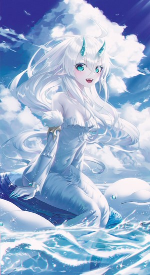 Anime girl with silver hair and horns in the ocean