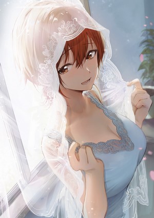 Anime girl with short red hair wearing a white veil
