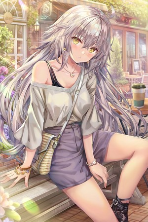 Jeanne d'Arc from Fate/Grand Order sitting at a cafe