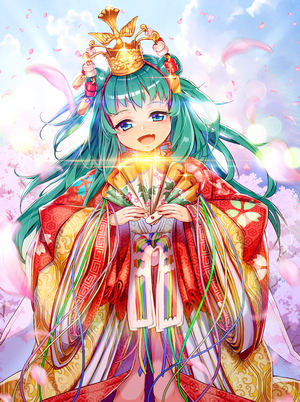 Aqua-haired girl in Japanese kimono holding a fan