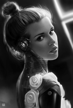 Monochrome artwork of a robot woman by Dave Keenan