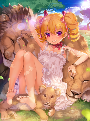Girl with blonde drill hair and lions
