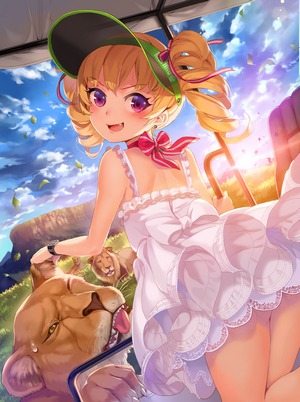 Girl in white dress with lions in safari