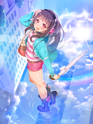 Girl with headphones and umbrella in the city