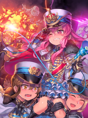 Anime girls in military uniforms with megaphones and explosions