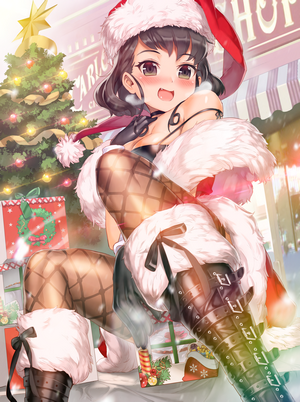 Santa girl in Christmas outfit with gifts and tree