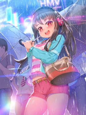 Girl with headphones holding an umbrella in the rain