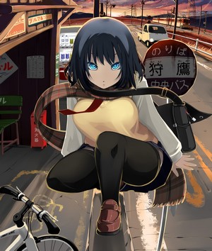 Anime girl with blue eyes at a bus stop
