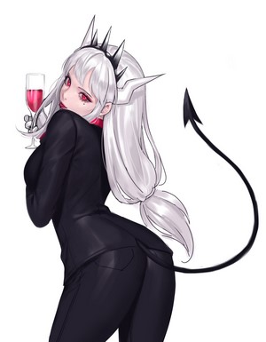 Lucifer from Helltaker holding a glass of wine