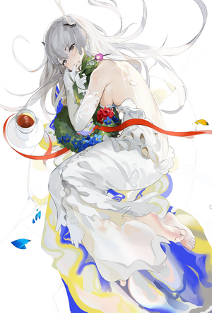 Anime girl in white dress with flowers and tea