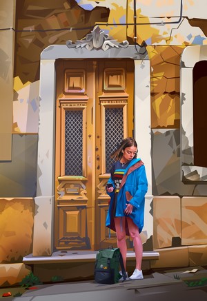 Woman with backpack in front of a wooden door