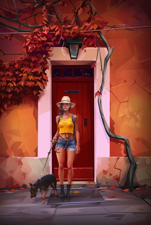 Woman with dog in front of red door