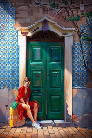 Woman in red dress sitting with suitcase by green door
