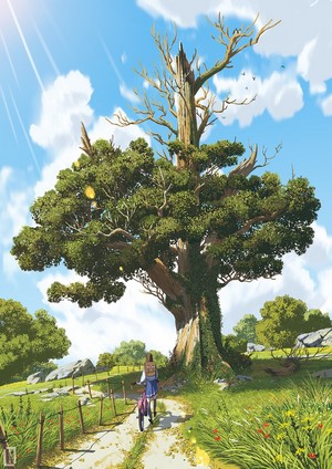 Girl with bicycle near a large tree