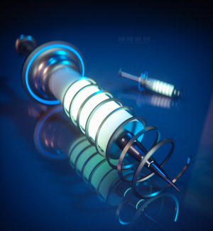 Sci-fi syringe with glowing liquid and reflection