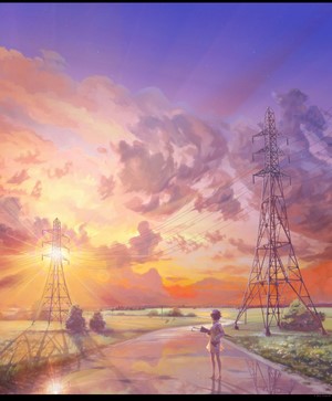Anime girl by power lines at sunset