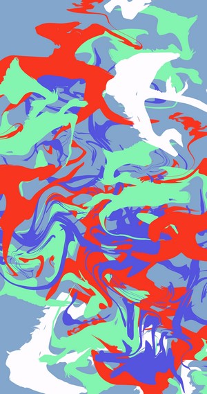 Abstract fluid art with red, blue, green, and white shards
