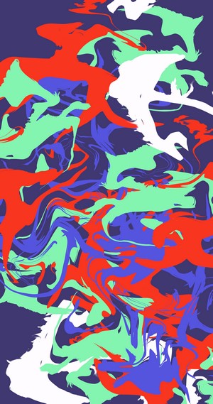 Abstract fluid art with red, green, blue, and white shards