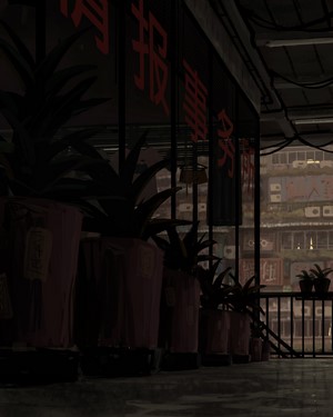 Plants and buildings in a city at night