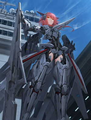 Mecha girl with pink hair on aircraft carrier