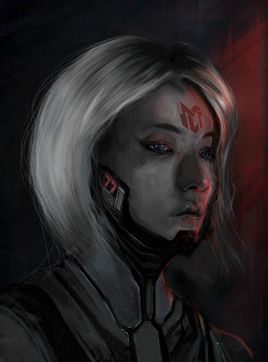 Cyborg woman with blue eyes and red markings