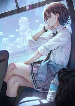 Anime girl with short hair in school uniform on a bus