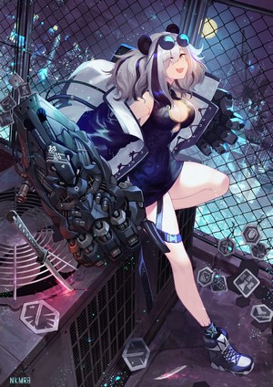FEater from Arknights with mechanical gauntlets at night