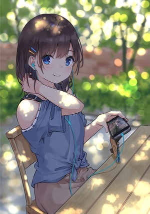 Anime girl with earphones and smartphone outdoors