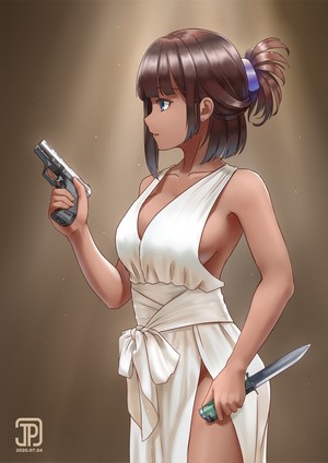 Anime girl with gun and knife in white dress