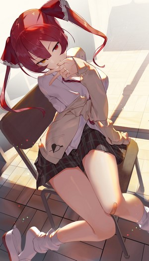 Houshou Marine from Hololive sitting on a chair