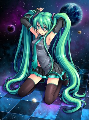Hatsune Miku from Vocaloid kneeling in space