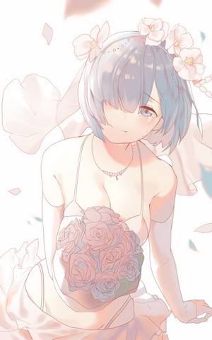 Rem from Re:Zero in a wedding dress holding roses
