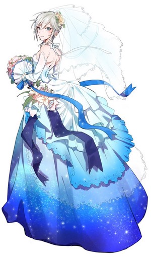 Anime girl in a blue and white wedding dress