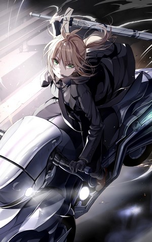 Saber from Fate/Zero riding a motorcycle