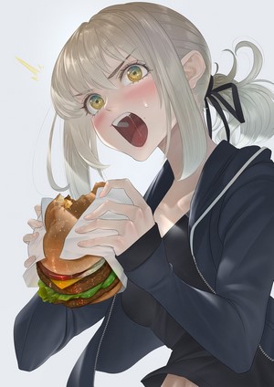 Saber Alter from Fate/Grand Order eating a burger