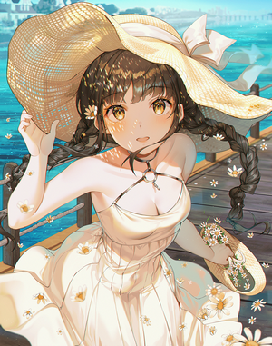 Anime girl in a white dress and sun hat