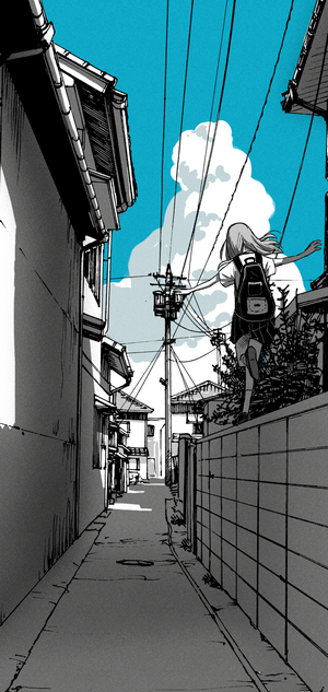 Girl with backpack walking on a wall in an alley