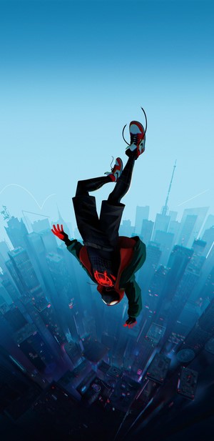 Miles Morales falling over a city in Spider-Man: Into the Spider-Verse