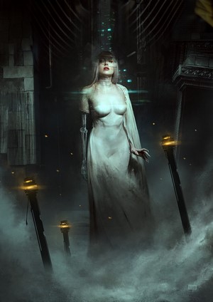 Artwork of a robot woman in a white dress