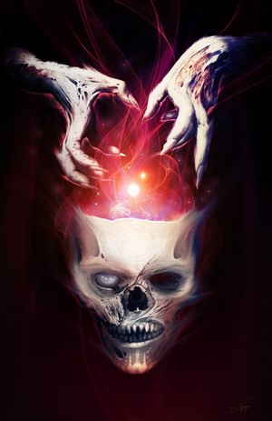 Creepy hands manipulating energy above a skull