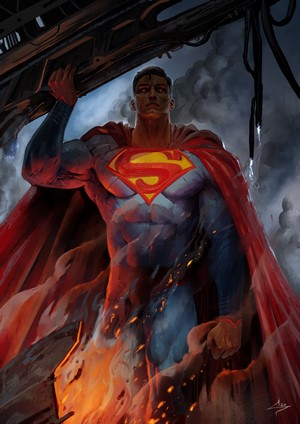 Superman lifting heavy object with fire and smoke