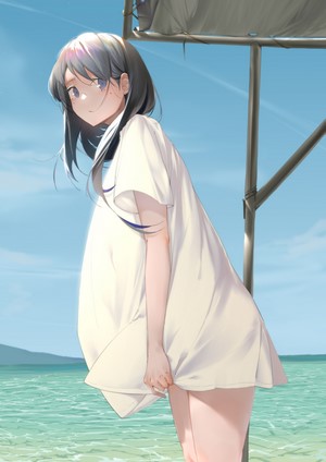 Anime girl in white shirt at the sea